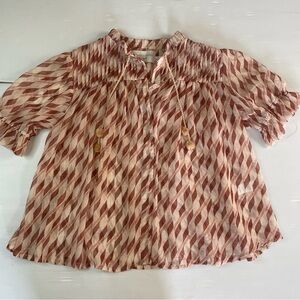 Elizabeth Crosby Pink Diamond Print Sheer Pleated Blouse Puff Sleeve Size M